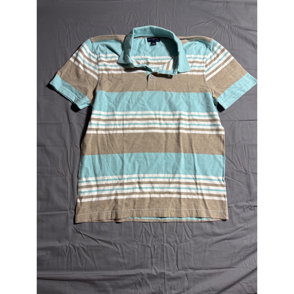 Banana Republic Polo Shirt Mens Large Blue Tan Good Striped Short Sleeve Cotton